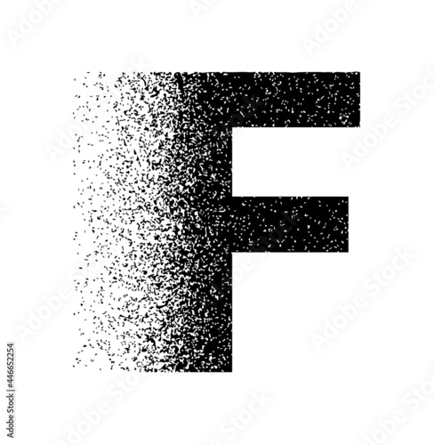 Dispersion exploding capital letter F in black color. Logotype dispersion letter capital R. Styled letter design for logo, label, luxury concept, jewelry, gold business or web page graphic elements.