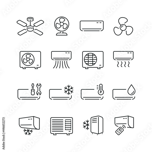 Air conditioner related icons: thin vector icon set, black and white kit