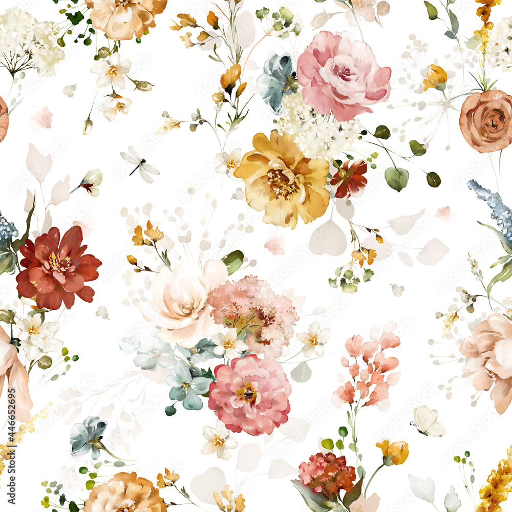 Foto auf Acrylglas mit nahtloses aquarellmuster mit gartenrosa, gelben blumen, blättern, zweigen. Botanische Fliesenillustration, Hintergrund. #446652695