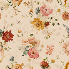 Fototapete Beigefarbene Muster Aquarell Gartenblumen Muster in Pastell  © lisima