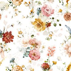 Keuken achterwand Wit patronen Aquarel tuinbloemen roze en geel  © lisima