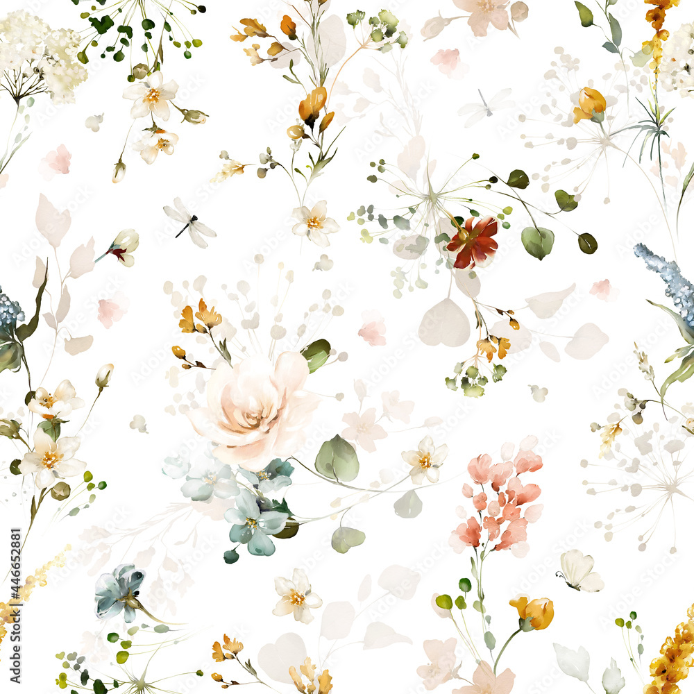 Foto auf Acrylglas mit nahtloses aquarellmuster mit gartenrosa, gelben blumen, blättern, zweigen. Botanische Fliesenillustration, Hintergrund. #446652881