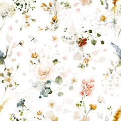 Keuken achterwand Wit patronen Aquarel tuinbloemen botanisch tegelpatroon  © lisima