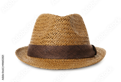 Stylish straw hat isolated on white. Fashionable accessory photo