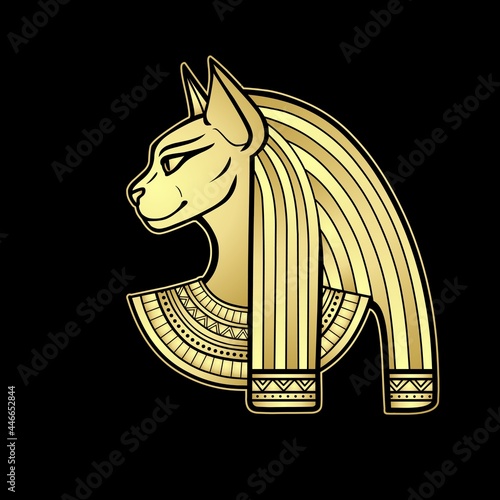 Animation portrait Ancient Egyptian goddess Bastet (Bast). Sacred woman cat. Profile view. Vector illustration isolated on a black background. Imitation of gold.  Print, poster, tatoo.