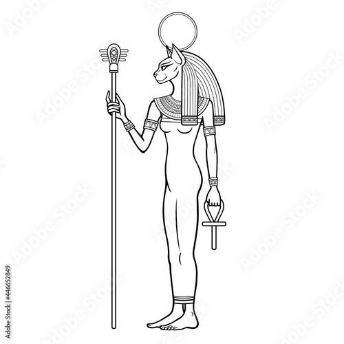 Animation portrait Ancient Egyptian goddess Bastet (Bast) holds symbols of power: staff and cross. Sacred woman cat. Profile view. Vector illustration isolated on a white background. Print, poster