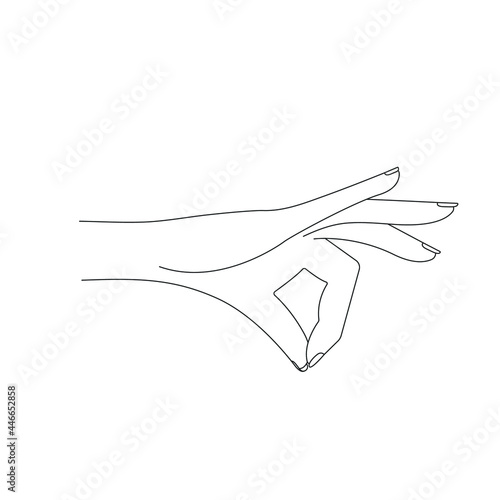 The contour of the hand is graceful, feminine, two fingers are closed in a pinch. The linear contour is isolated on a white background. Concept: hold anything, tattoo, hand drawing, gesture. Vector.