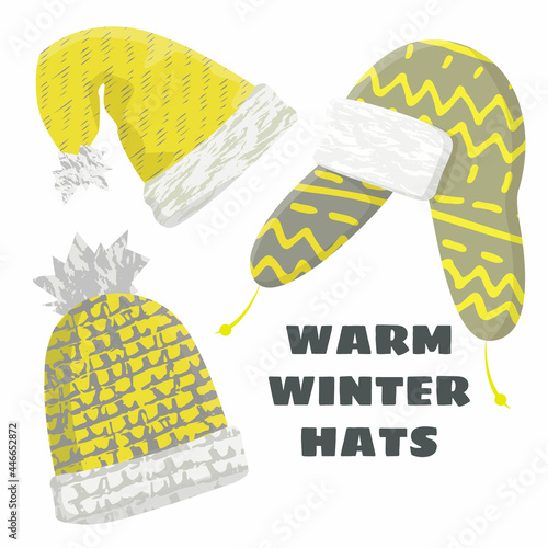 Vector illustration with a set of warm knitted hats for cold weather, winter. Concept of hats, fashion, comfort, protection. It can be used as separate elements in web design, banners, etc.