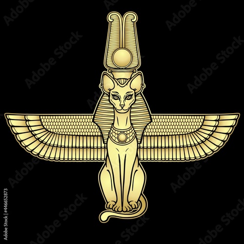 Animation portrait Ancient Egyptian goddess Bastet (Bast). Sacred winged cat with a divine crown on the head. Vector illustration isolated on a black background. Imitation of gold.  Print, poster