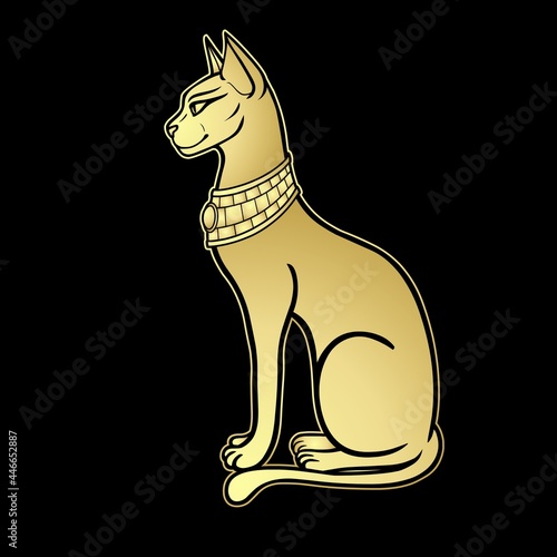 Animation portrait Ancient Egyptian goddess Bastet (Bast). Sacred cat. Vector illustration isolated on a black background. Imitation of gold.  Print, poster, tatoo.