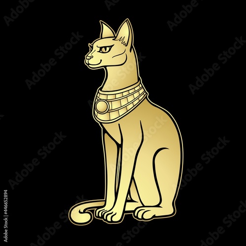 Animation portrait Ancient Egyptian goddess Bastet (Bast). Sacred cat. Vector illustration isolated on a black background. Imitation of gold.  Print, poster, tatoo.
