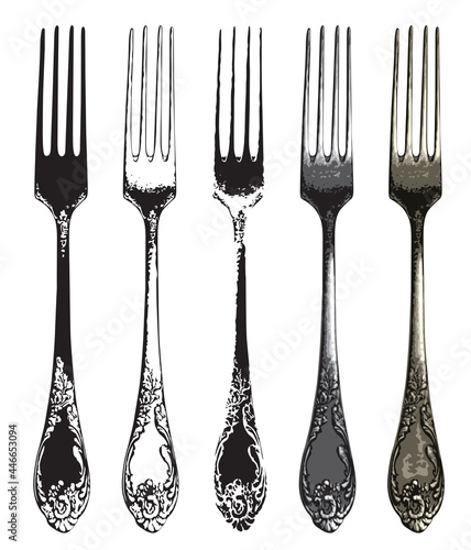 Set of five realistic forks in retro style. Vintage silverware or flatware vector illustration. Beautiful silver or metal cutlery isolated on white background. Old tableware