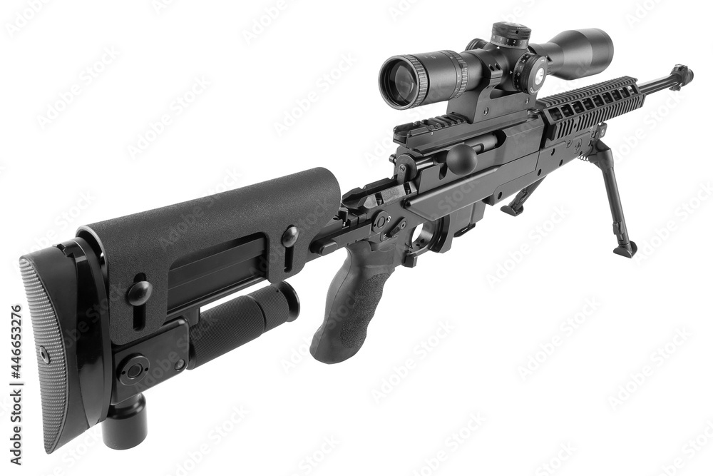 A modern, powerful sniper rifle with a telescopic sight, mounted on a bipod. weapon on white background isolated image. A modern, powerful sniper rifle with a telescopic sight, mounted on a bipod. weapon on white background isolated image.