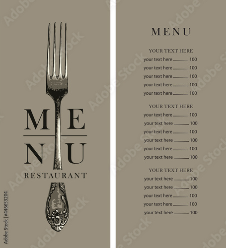 Vector menu template for a restaurant with a price list, decorated with a beautiful vintage fork on a beige background in retro style.