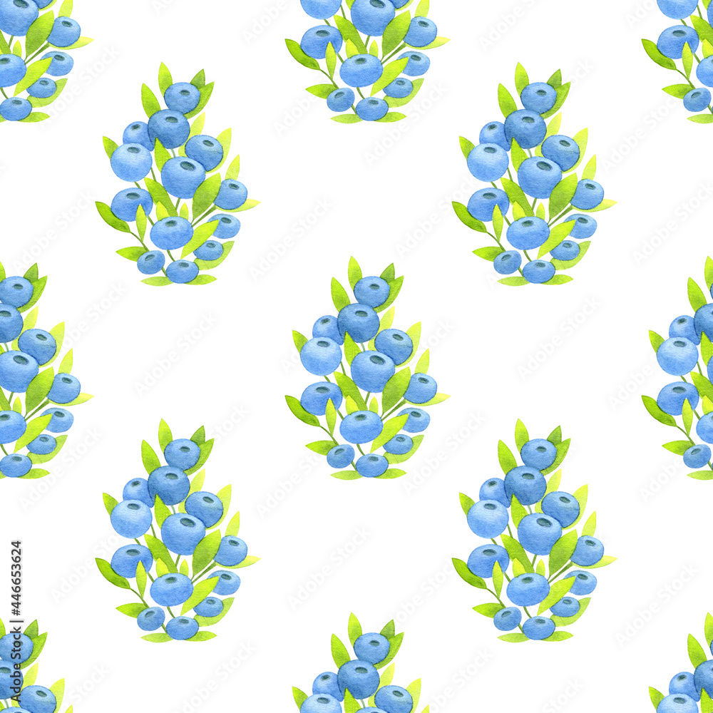 Summer bright pattern with green leaves and blue blueberries. Hand drawn watercolor illustration isolated on white background. Nice illustration for wrapping paper or textiles Summer bright pattern with green leaves and blue blueberries. Hand drawn watercolor illustration isolated on white background. Nice illustration for wrapping paper or textiles