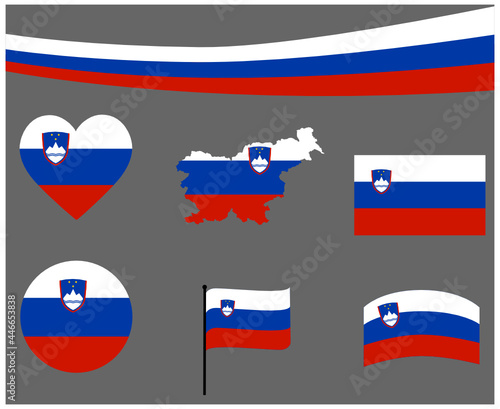 Slovenia Flag Map Ribbon And Heart Icons Vector Illustration Abstract Design Elements collection
