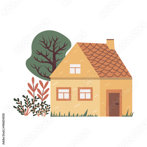 Cute country house with a tall tree and bushes of vegetation. Colorful vector isolated illustration hand drawn. Country life. Sweet home