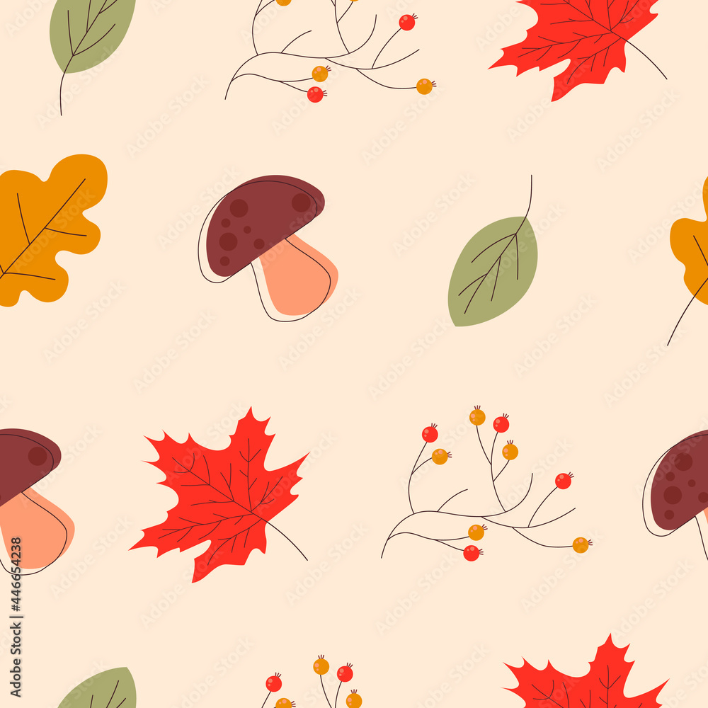 Seamless autumn background with maple, oak leaves, mushrooms ...