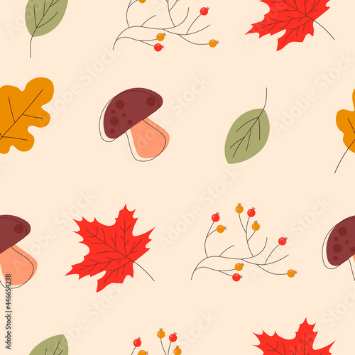 Seamless autumn background with maple, oak leaves, mushrooms, rowanberry branch, which can be used on wallpaper, packaging, weaving and other products.