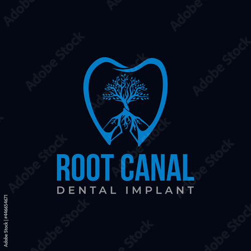 root canal dental implant logo, strong tree and silhouette tooth vector photo