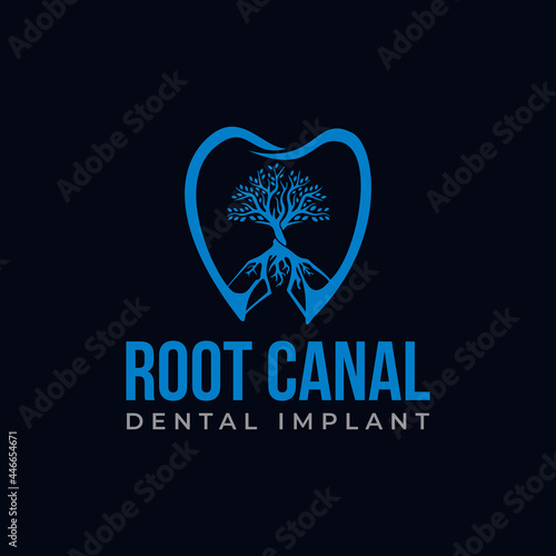 root canal dental implant logo, strong tree and silhouette tooth vector