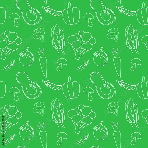 White line art of vegetables on green background
