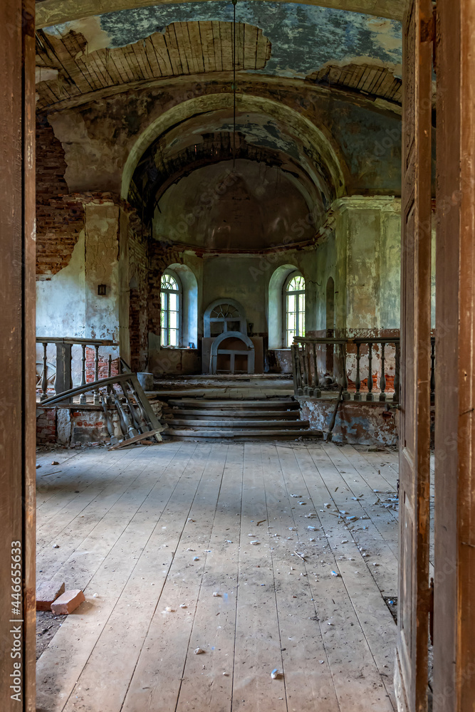 abandoned church in Latvia, Galgauska, view through the entrance door to the interior