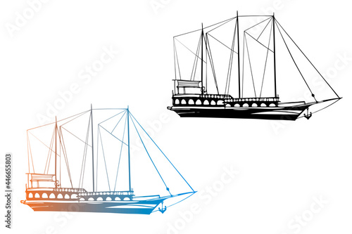 Two Vintage Ships, old boats in the sea. Pirate schooners. Hand drawn sketch. Line art. Black and white vector illustration on white background