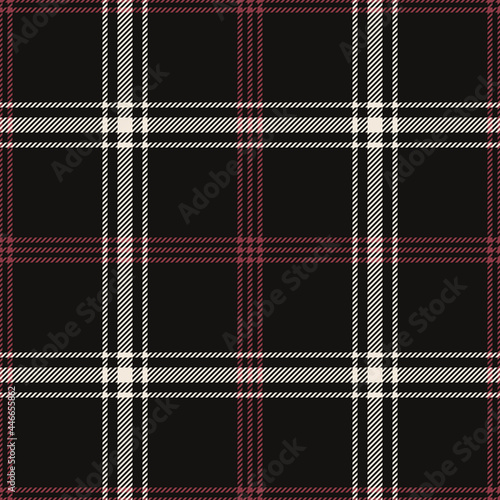 Check pattern vector for autumn design in black, red, off white. Seamless dark tartan plaid graphic background for flannel shirt, throw, other modern fashion textile print.