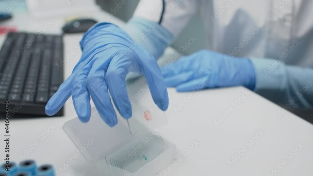 Research scientist with gloves holding blood sample on glass in laboratory. Biology doctor analyzing plasma dna for medical discovery in pharmaceutical industry. Science equipment on desk Research scientist with gloves holding blood sample on glass in laboratory. Biology doctor analyzing plasma dna for medical discovery in pharmaceutical industry. Science equipment on desk