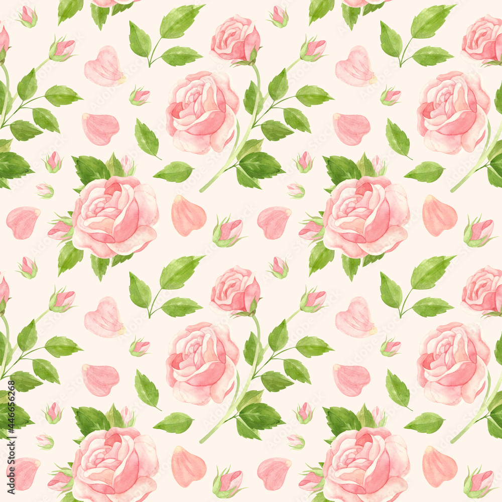 Red roses seamless pattern. Flowers, buds and rose petals. Floral pattern on pink background, vintage style. Watercolor clipart.