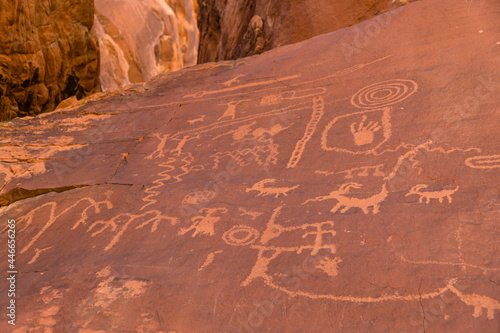 Ancient petroglyphs fount in the valley of Fire State Park photo
