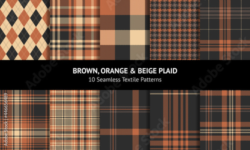 Check plaid pattern set for autumn in brown, orange, beige. Seamless dark tartan plaid vector background graphics for flannel shirt, skirt, blanket, duvet cover, other modern fashion fabric design.