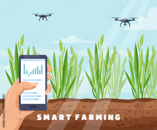 Drone smart farm irrigation system vector illustration. Cartoon farmer hand holding mobile smartphone to wireless control drone watering plants, innovation irrigative agriculture technology background