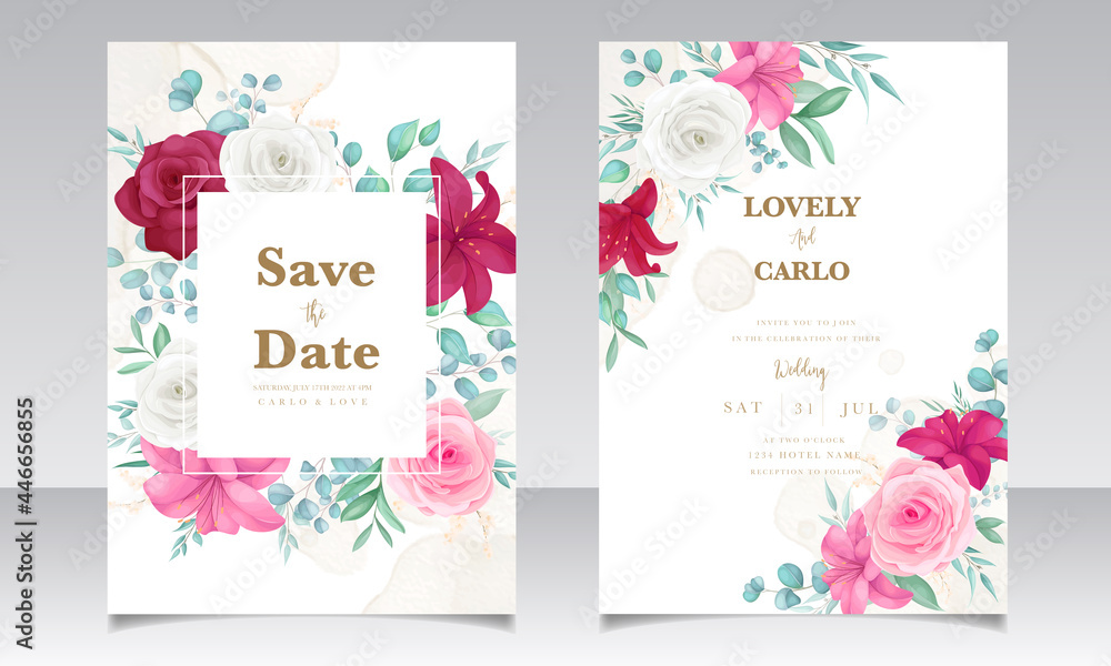 wedding invitation card with beautiful blooming lily and rose flower