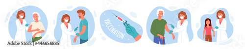 People in healthcare vaccination for immunity health vector illustration set. Cartoon doctor vaccinating patients, inoculation process in hospital to protect health from virus isolated on white