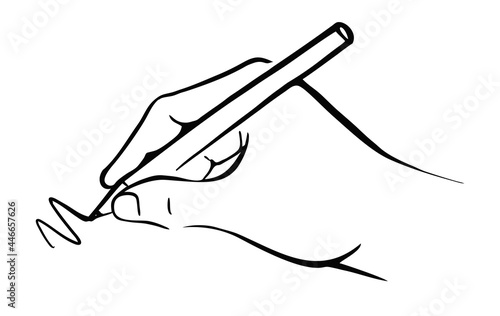 Hand holds pencil and writes. Vector