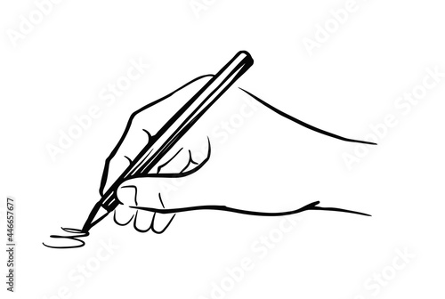 Hand holds pencil and writes. Vector