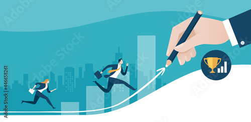 Path to the goal. Businessman‘s hand draws a line leading to the goal. Business vector concept illustration
