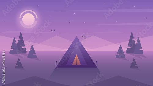 Minimal landscape with tent. Sunset hiking camping