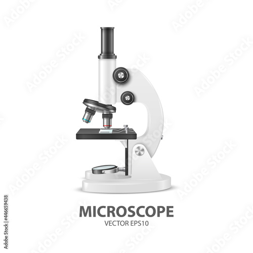 Vector 3d Realistic White Laboratory, School Microscope Isolated on White. Chemistry, Microbiology Tool. Science, Lab, Research, Education Concept. Design Template, Mockup. Front View
