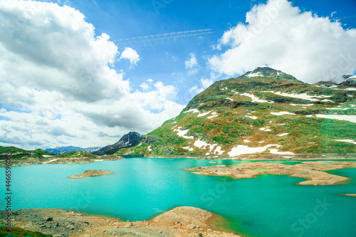 Switzerland Alps with the Lago Bianco lake  Picture showing beautiful blue Lago Bianco in the middle of the Swiss Alps in the Bernina Pass  mountain pass   lago bianco in Ospizio Bernina  Engadin  Gri