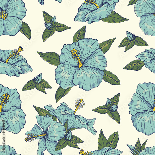 Vintage seamless pattern with line art blue hibiscus flowers, buds and leaves, with dark blue outline. On white background. Stock vector illustration.