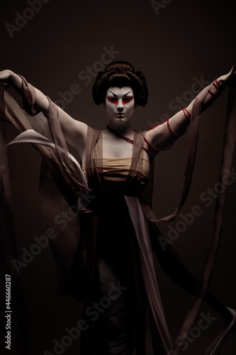 Fotografie Geisha wearing a ceremonial dress creating voluptuousness in the wind