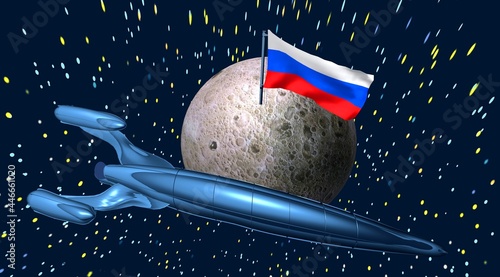 3d rendering rocket and Moon with the Russian flag photo
