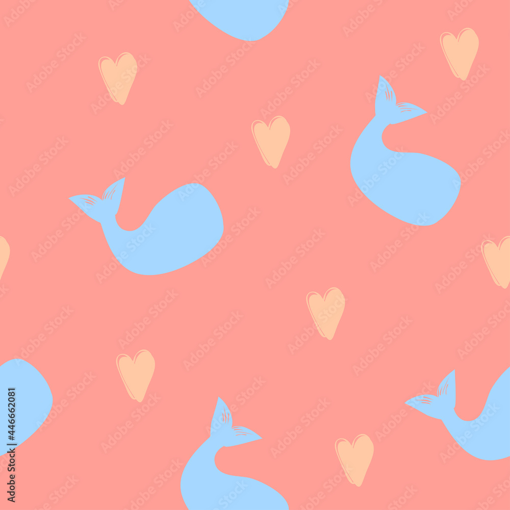 Vector hand drawn childish seamless pattern with cute blue whale silhouette and hearts,simple flat illustration,print for kids,baby fashion,interior design,wallpaper,decoration,coral background. Vector hand drawn childish seamless pattern with cute blue whale silhouette and hearts,simple flat illustration,print for kids,baby fashion,interior design,wallpaper,decoration,coral background.