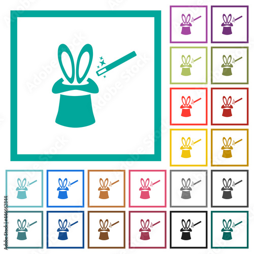 Magic hat with bunny ears flat color icons with quadrant frames