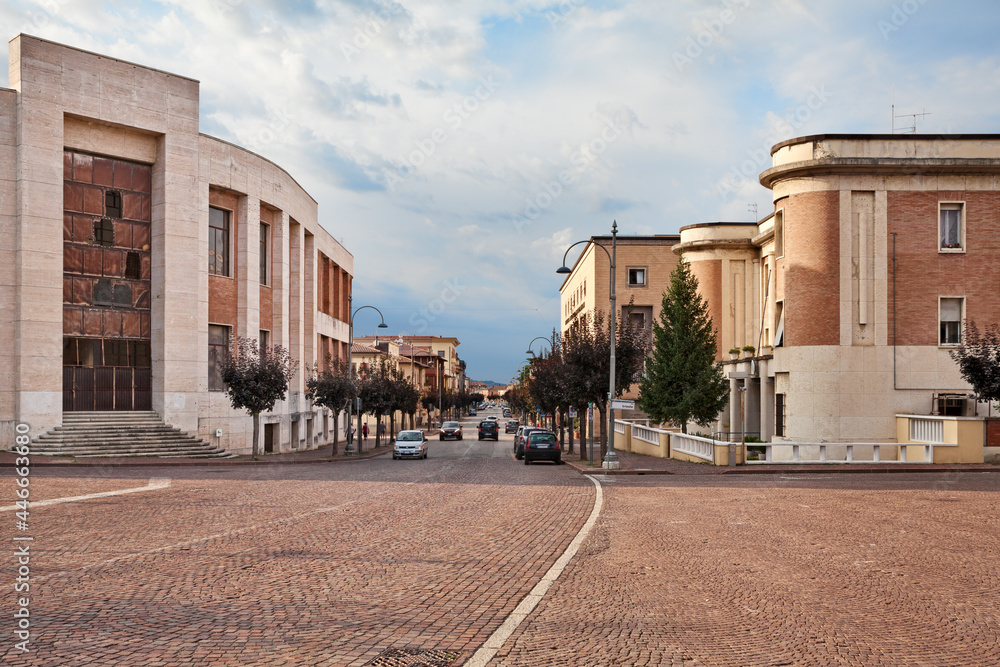 Predappio, Emilia-Romagna, Italy: the main avenue of the town with the old buildings in rationalist architecture built in the fascist period
