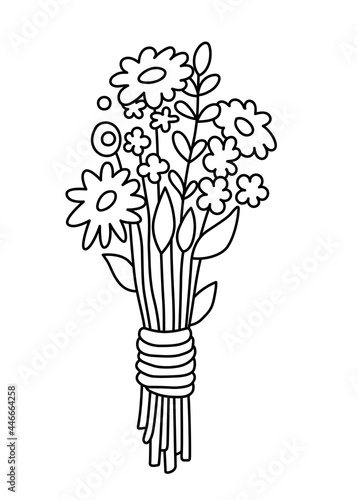 Bouquet of wild flowers. Elegant flower emblem, botanical logo, sign, outline icon, simple linear vector illustration. Minimal design.
