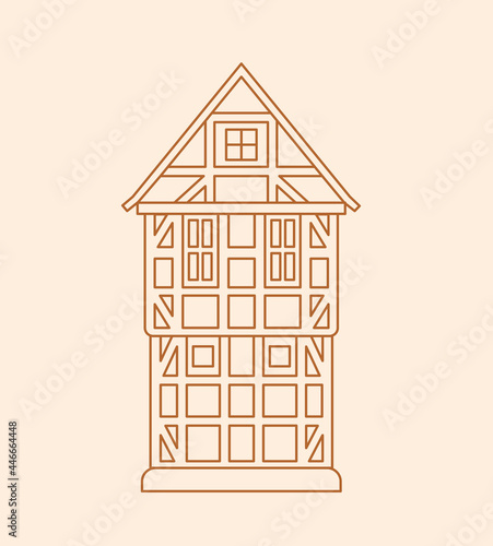 Half-timbered wooden german house. Outline simple vector logo hotel business, boarding house, hostel, rental housing, real estate. Linear vector illustration.